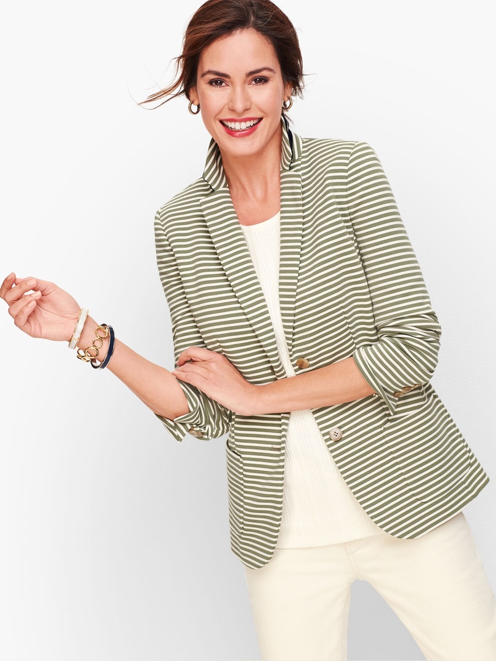 Talbots Aberdeen Knit Blazer Stripe Pique Green White 16